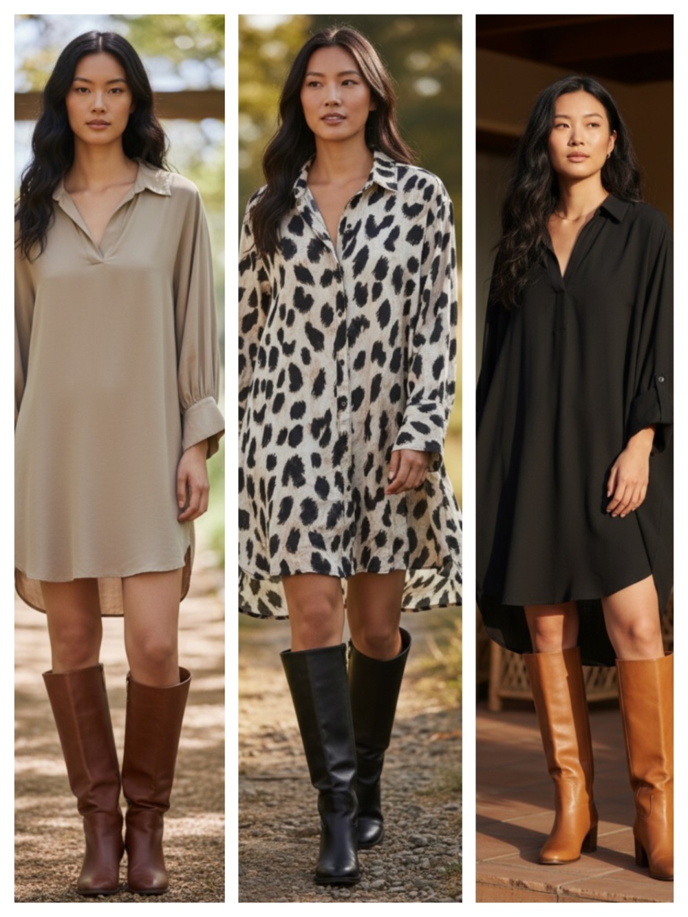 LOT (3) H&M Shirtdress Tunic Dress Sz Large 12 14 Animal Print Tan Black Boho